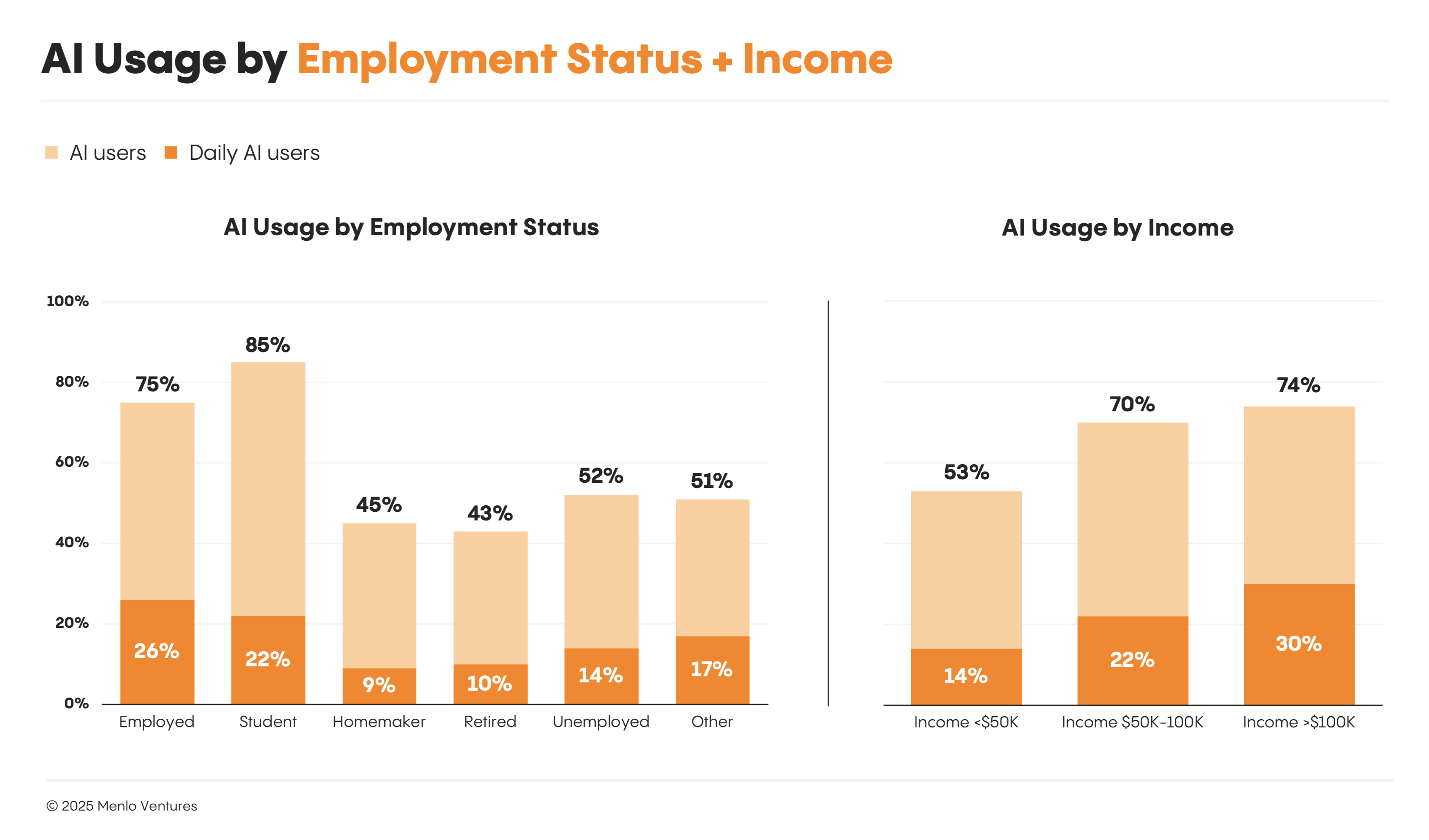 Graphs showing AI usage by employment status and income