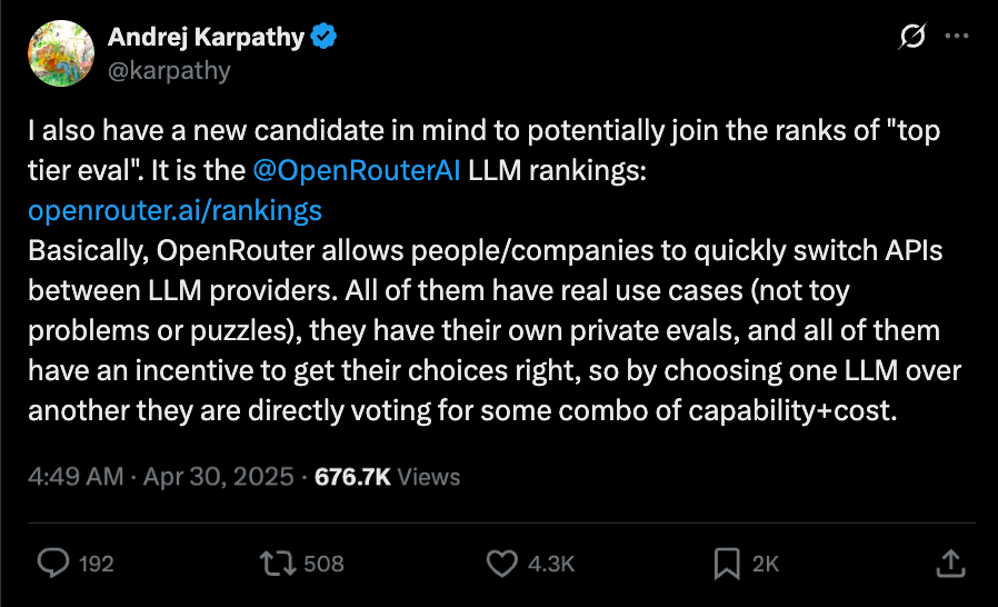Andrej Karpathy tweet about OpenRouter LLM rankings