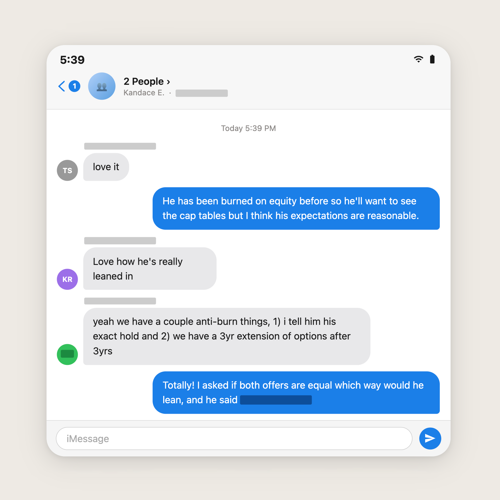 Text message thread about company equity