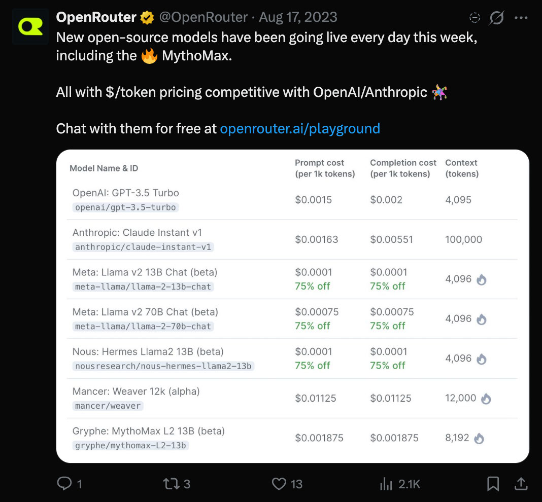 OpenRouter tweet from August 17, 2023